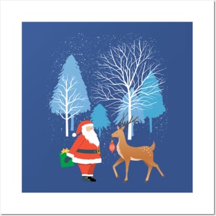 Christmas Scene with Santa and Reindeer Posters and Art